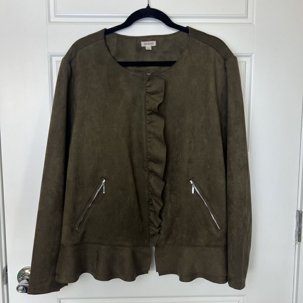 WestPort Women’s Olive Green Ruffle Front Faux Suede Jacket Size 3XL